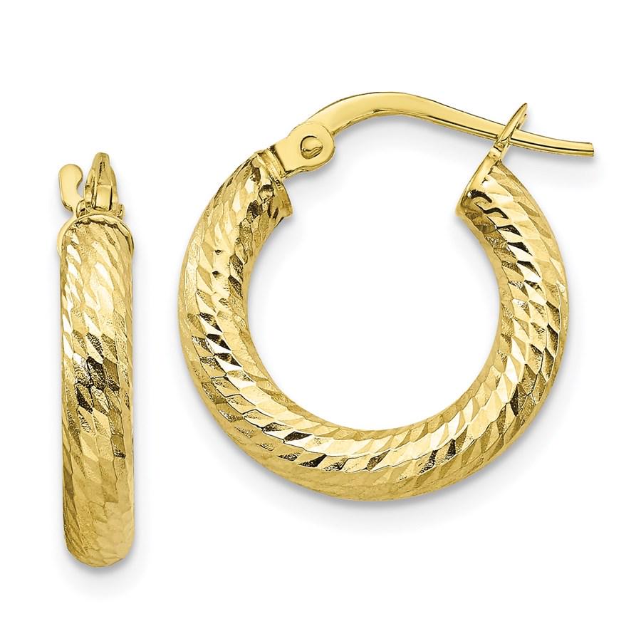 10K 3x10 D/C Round Hoop Earrings - 17.14 mm: 10K 3x10 D/C Round Hoop Earrings - 17.14 mm SKU: RBJ222175 Metal: Gold Purity: 10K Finish: Polished Length Of Item: 17.14 mm Earring Closure: Wire & Clutch Earring Type: Hoop