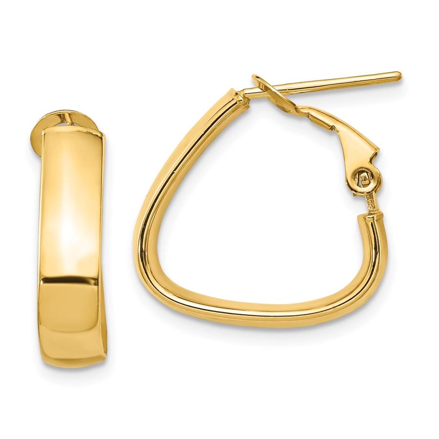 14K 5mm High Polished Triangle Omega Back Hoop Earrings: 14K 5mm High Polished Triangle Omega Back Hoop Earrings - 22.5 mm SKU: RBJ222677 Metal: Gold Purity: 14K Finish: Polished Length Of Item: 22.5 mm Earring Closure: Omega Clip Back Earring