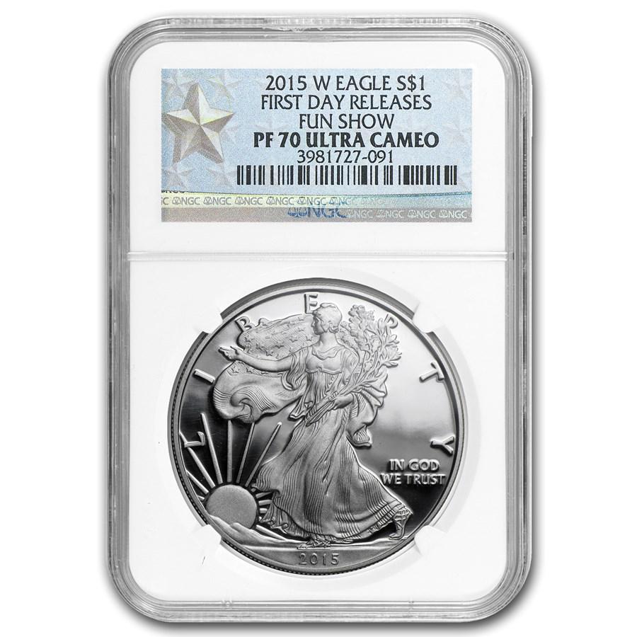 2015-W Proof American Silver Eagle PF-70 NGC (First Day: 2015-W Proof American Silver Eagle PF-70 NGC (First Day Issue) SKU: RBJ87283 Year: 2015 Grade Service: NGC Denomination: $1.00 Metal Content: 1 troy oz Purity: .999 Thickness: 2.98 mm