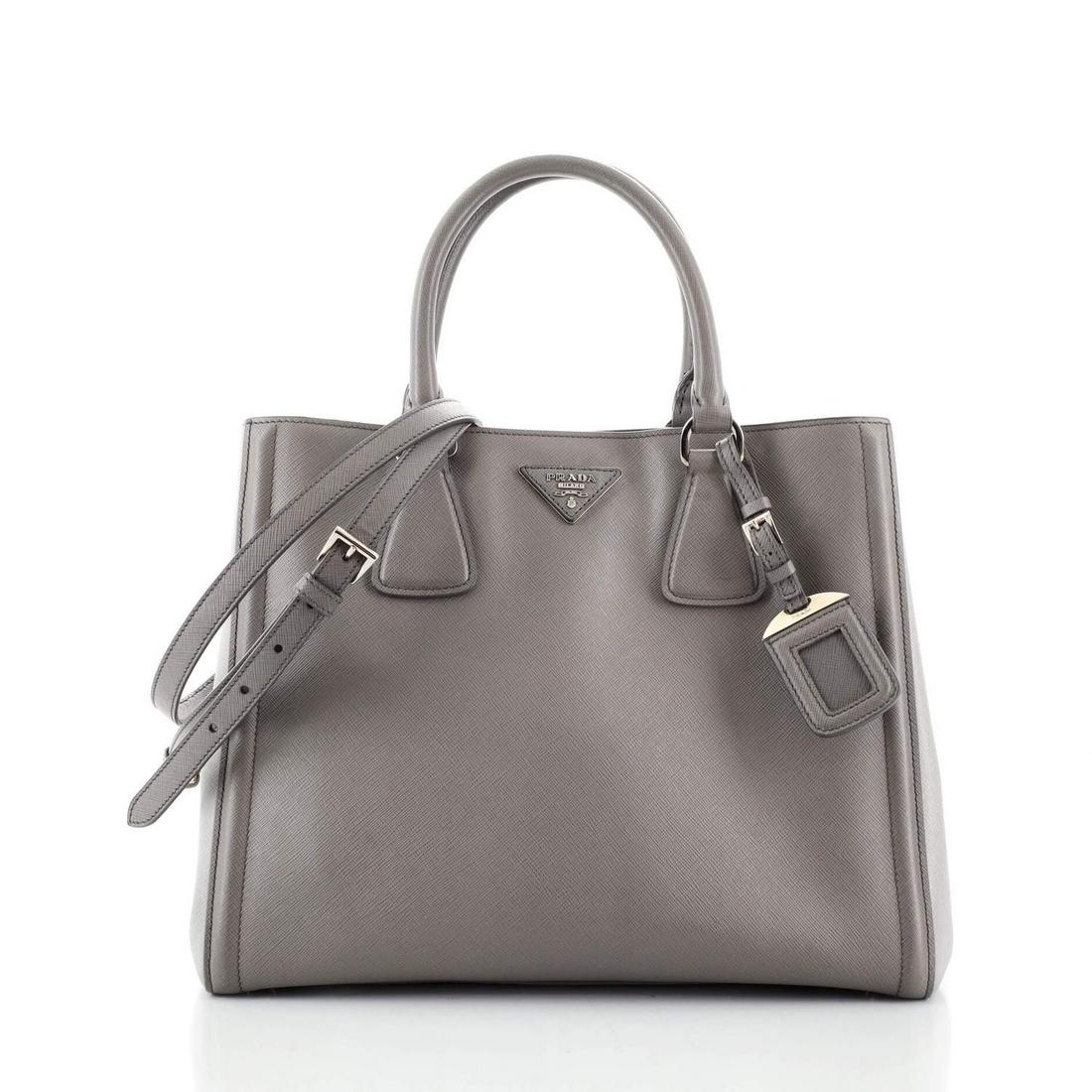 Prada - Bicolor Lux Convertible Open Tote Saffiano: Prada - Bicolor Lux Convertible Open Tote Saffiano Leather Medium Exterior Color: Gray Interior Color: Gray Exterior Material: Leather Interior Material: Fabric, Leather Hardware Color: Silver Acc
