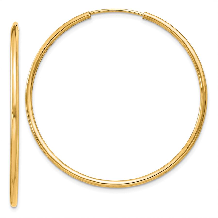 14k Solid Gold 1.5 mm Polished Round Endless Hoop: 14k Solid Gold 1.5 mm Polished Round Endless Hoop Earrings SKU: RBJ130777 Metal: Gold Purity: 14k Finish: Polished Length Of Item: 36 mm Earring Closure: Endless Earring Type: Endless