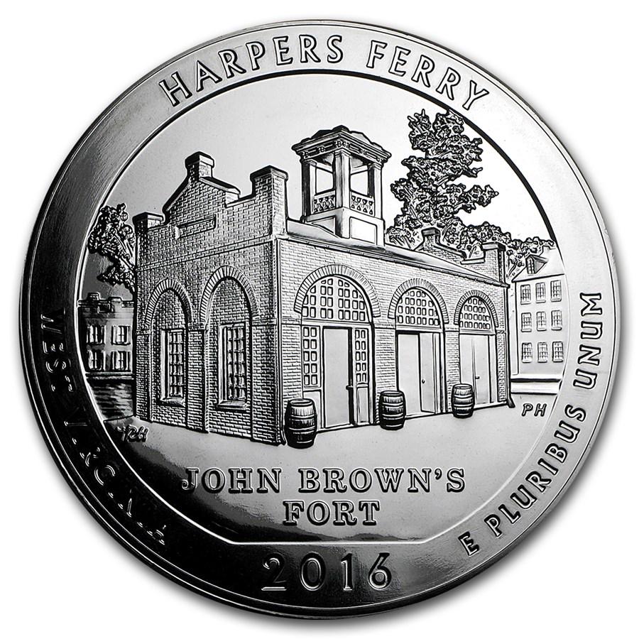 2016 5 oz Silver ATB Harpers Ferry National Historical: 2016 5 oz Silver ATB Harpers Ferry National Historical Park, WV Product ID: RBJ93725 Year: 2016 Grade: Brilliant Unc Grade Service: None Denomination: 25 Cents Mint Mark: P - Philadelphia (Not Sho