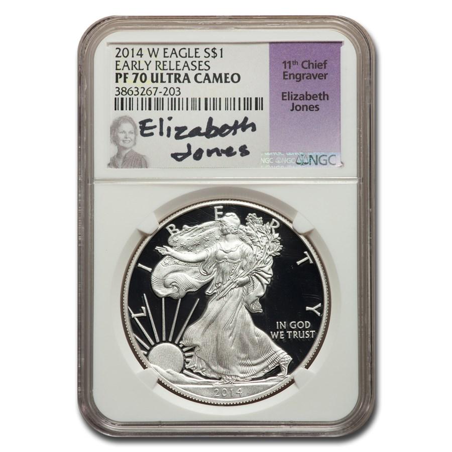 2014-W Proof American Silver Eagle PF-70 NGC (ER,: 2014-W Proof American Silver Eagle PF-70 NGC (ER, Jones) Product ID: 237845 Year: 2014 Grade Service: NGC Denomination: $1.00 Metal Content: 1 troy oz Purity: .999 Thickness: 2.98 mm Diameter: