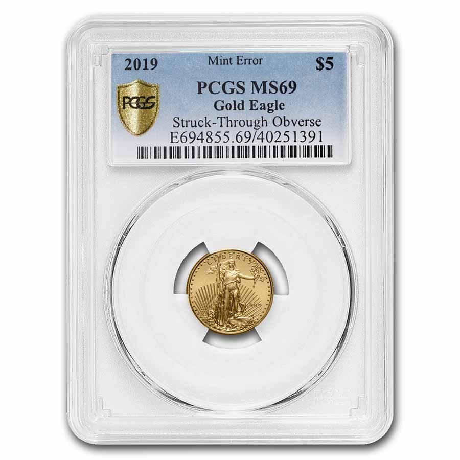 2019 1/10 oz Gold Eagle MS-69 PCGS (Error, Minor: 2019 1/10 oz Gold Eagle MS-69 PCGS (Error, Minor Struck-Through) Product ID: 235808 Year: 2019 Grade: MS-69 Grade Service: PCGS Denomination: 5 Dollars Mint Mark: W - West Point (Not Shown) Metal Con