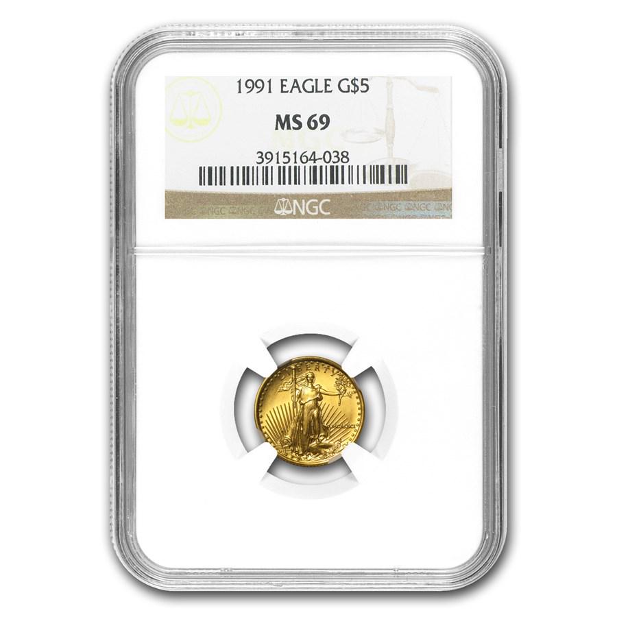 1991 1/10 oz American Gold Eagle MS-69 NGC: 1991 1/10 oz American Gold Eagle MS-69 NGC Additional Product ID: 15759 Year: 1991 Grade Service: NGC Denomination: $5.00 Metal Content: 0.1 troy oz Purity: .9167 Thickness: 1.19 mm Dia