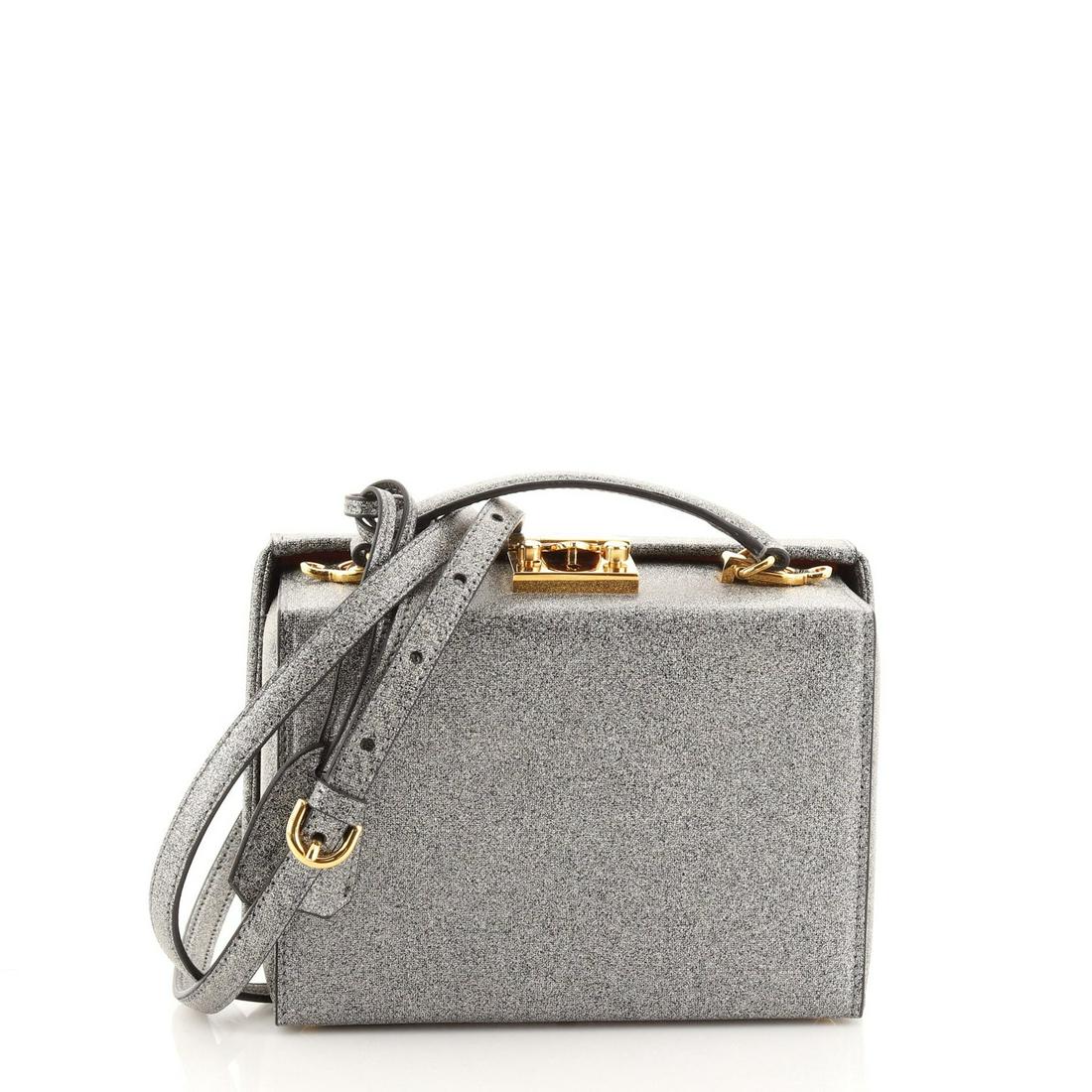 Mark Cross Grace Box Bag Leather Small: Mark Cross Grace Box Bag Leather Small Exterior Color: Gray, Metallic Interior Color: Red Exterior Material: Leather Interior Material: Leather Hardware Color: Gold Accessories: Clochette, Keys, Dust