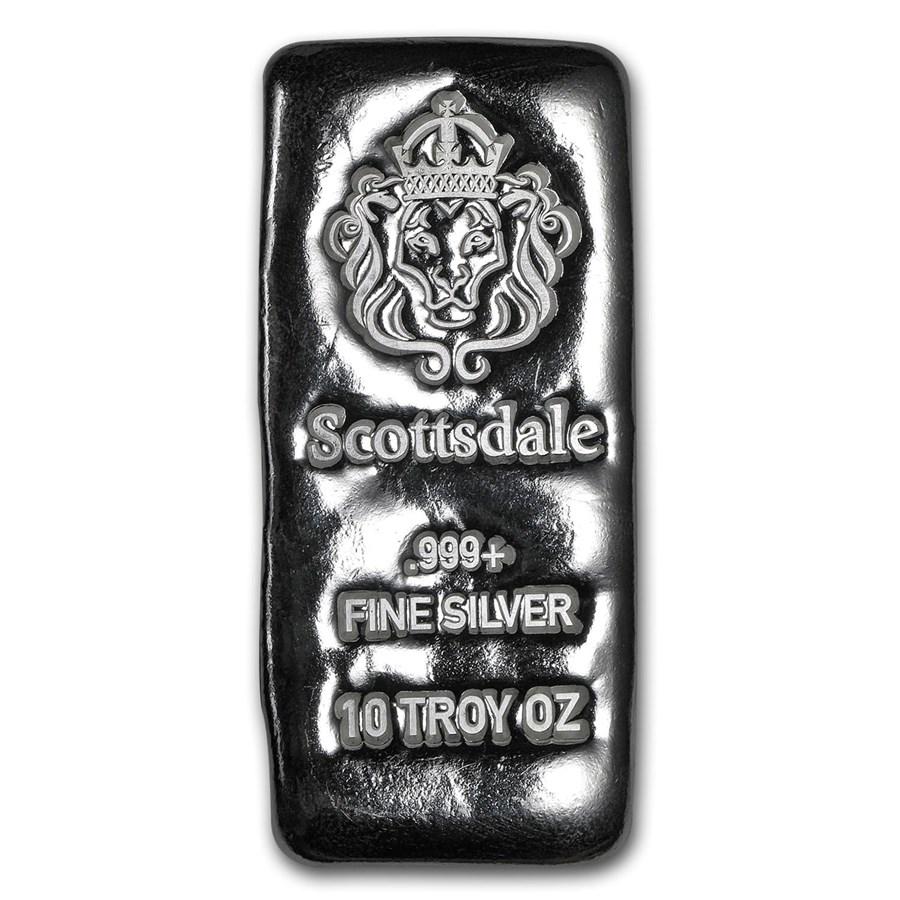 10 oz Silver Cast-Poured Bar - Scottsdale: 10 oz Silver Cast-Poured Bar - Scottsdale SKU: RBJ151549 Year: N/A Grade: None Grade Service: None Denomination: 10 oz Mint Mark: N/A - Not Available Metal Content: 10 troy oz Pu