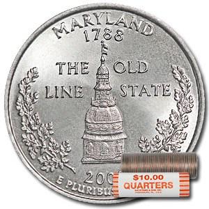 2000-P Maryland Statehood Quarter 40-Coin Roll BU: 2000-P Maryland Statehood Quarter 40-Coin Roll BU SKU: RBJ- 8098 Year: 2000 Grade: Brilliant Unc Grade Service: None Denomination: 25 Cents Mint Mark: P - Philadelphia Metal Content: 0 troy oz