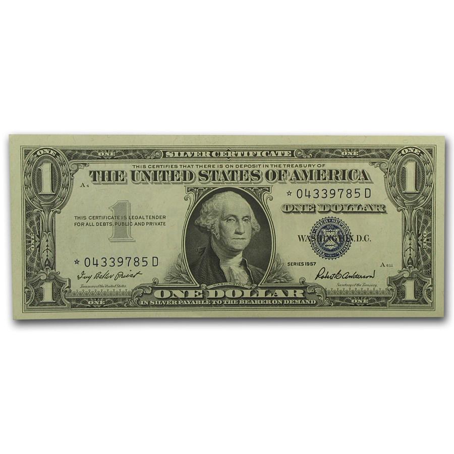 1957* $1.00 Silver Certificate XF (Fr#1619*) Star Note: 1957* $1.00 Silver Certificate XF (Fr#1619*) Star Note SKU: RBJ- 15150 Year: 1957 Grade: Extra Fine Grade Service: None Denomination: $1.00 Dollar Mint Mark: N/A - Not Available Metal Content: 0 troy