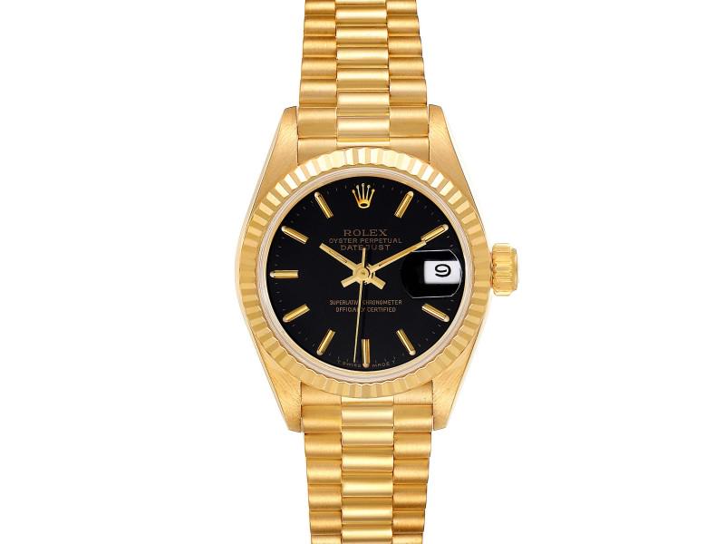 Rolex President Datejust 26 Yellow Gold Black Dial Ladies Watch: Rolex President Datejust 26 Yellow Gold Black Dial Ladies Watch SKU: RBJ37874-34CB0 Brand: Rolex Condition: Pre-Owned Details: Rolex President Datejust 26 Yellow Gold Black Dial Ladies Watch .Official
