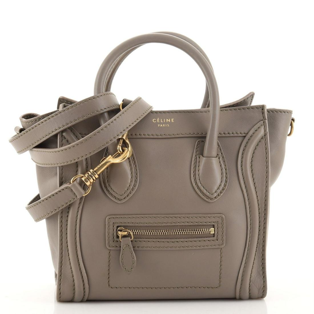 Celine Luggage Bag Smooth Leather Nano: Celine Luggage Bag Smooth Leather Nano Brand: Celine Exterior Color: Neutral Interior Color: Black Exterior Material: Leather Interior Material: Fabric Hardware Color: Aged Gold Accessories: Dust b