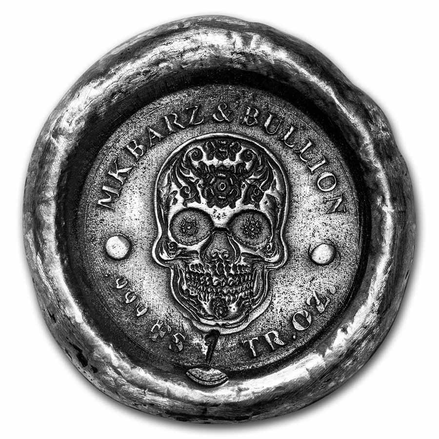 1 oz Hand Poured Silver Round - Sugar Skull: 1 oz Hand Poured Silver Round - Sugar Skull SKU: RBJ242667 Year: N/A Grade: None Grade Service: None Mint Mark: N/A - Not Available Metal Content: 1 troy oz Purity: .999 Thicknes