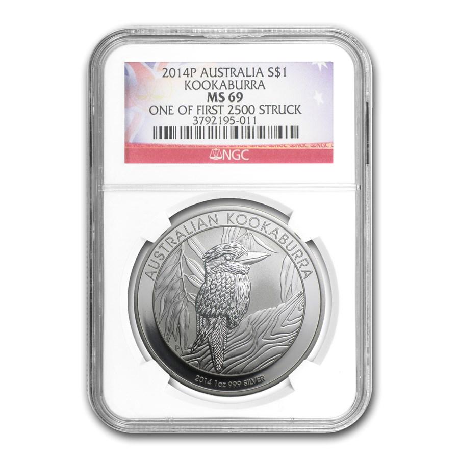 2014 Australia 1 oz Silver Kookaburra MS-69 NGC (1 of 1st 2,500): 2014 Australia 1 oz Silver Kookaburra MS-69 NGC (1 of 1st 2,500) SKU: RBJ83175 Year: 2014 Grade Service: NGC Denomination: $1.00 Dollar Metal Content: 1 troy oz Purity: .999 Thickness: 2.
