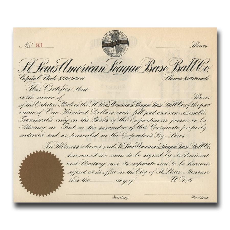 St. Louis Browns American League Baseball Company Stock (1916): St. Louis Browns American League Baseball Company Stock (1916) Product ID: 51503 Year: 1916 Grade: None Grade Service: None Denomination: N/A Mint Mark: N/A - Not Available Metal Content: