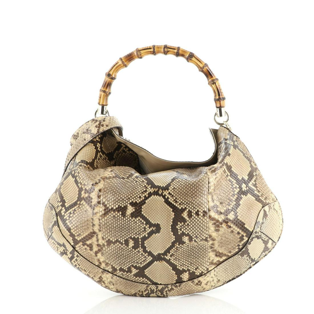 Gucci Bamboo Peggy Hobo Python Large: Gucci Bamboo Peggy Hobo Python Large Brand: Gucci Exterior Color: Brown Interior Color: Neutral Exterior Material: Python, Exotic Interior Material: Fabric Hardware Color: Gold Tone Acces
