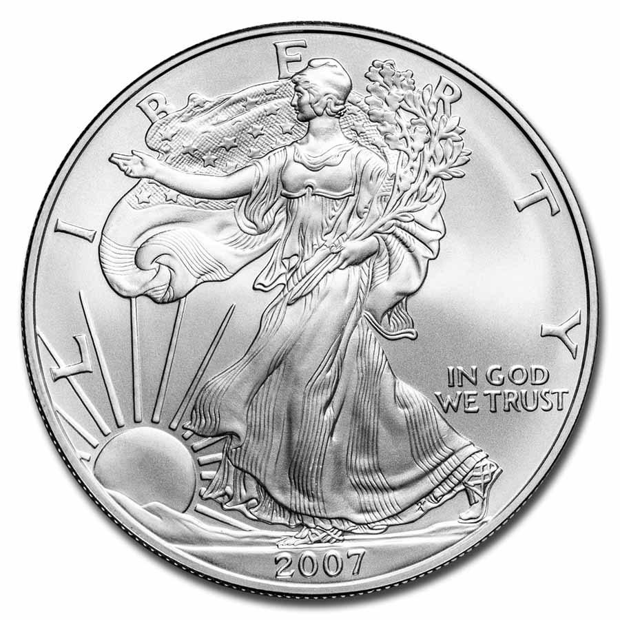 2007 1 oz American Silver Eagle BU: 2007 1 oz American Silver Eagle BU Product ID: 21089 Year: 2007 Grade: Brilliant Unc Grade Service: None Denomination: $1.00 Dollar Mint Mark: W - West Point (Not Shown) Metal Content: 1