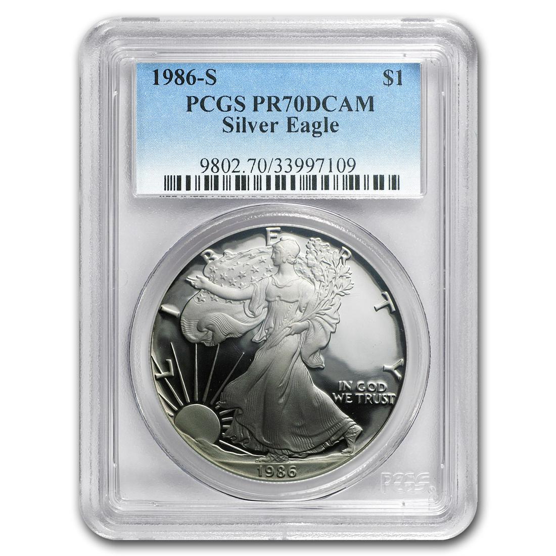 1986-S Proof American Silver Eagle PR-70 PCGS: 1986-S Proof American Silver Eagle PR-70 PCGS Product ID: RBJ63200 Year: 1986 Grade Service: PCGS Denomination: $1.00 Metal Content: 1 troy oz Purity: .999 Thickness: 2.98 mm Dia