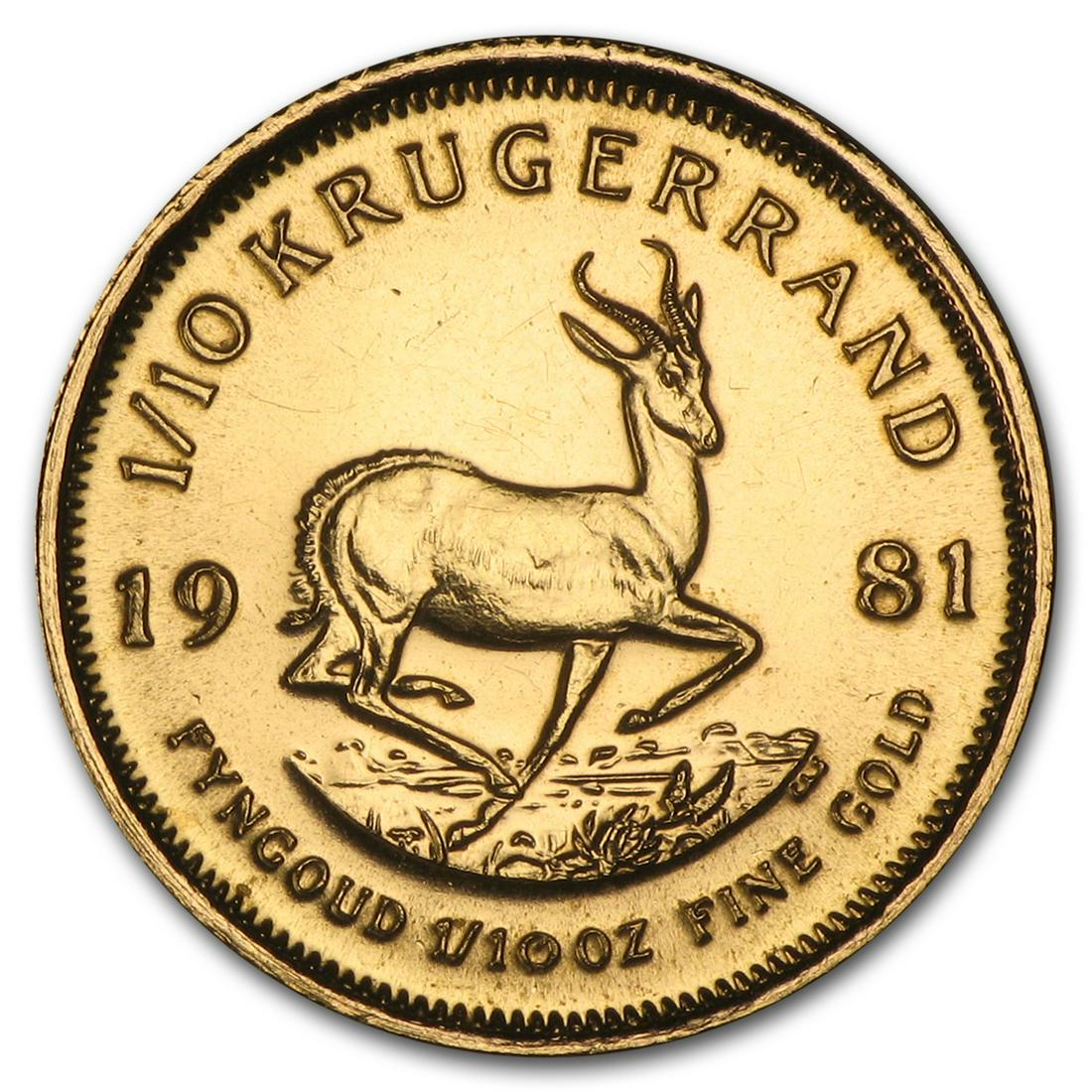 1981 South Africa 1/10 oz Gold Krugerrand: 1981 South Africa 1/10 oz Gold Krugerrand Product ID: RBJ89277 Year: 1981 Grade: Brilliant Unc Grade Service: None Mint Mark: Not Shown Metal Content: 0.1 troy oz Purity: .9167 T