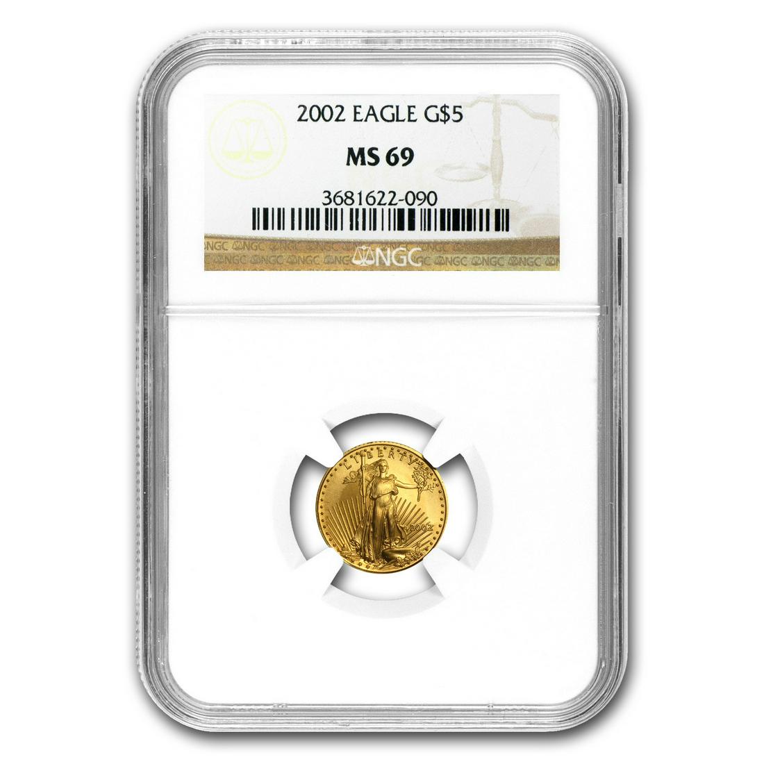 2002 1/10 oz American Gold Eagle MS-69 NGC: 2002 1/10 oz American Gold Eagle MS-69 NGC Product ID: RBJ7451 Year: 2002 Grade Service: NGC Denomination: 5 Dollars Metal Content: 0.1 troy oz Purity: .9167 Thickness: 1.19 mm D
