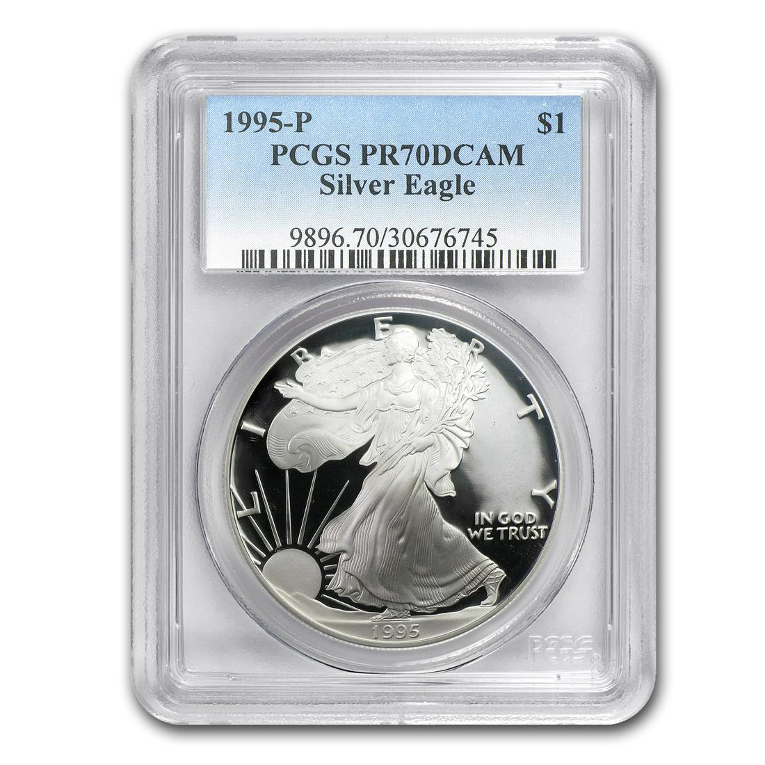 1995-P Proof American Silver Eagle PR-70 PCGS: 1995-P Proof American Silver Eagle PR-70 PCGS Product ID: RBJ23678 Year: 1995 Grade Service: PCGS Denomination: $1.00 Metal Content: 1 troy oz Purity: .999 Thickness: 2.98 mm Dia