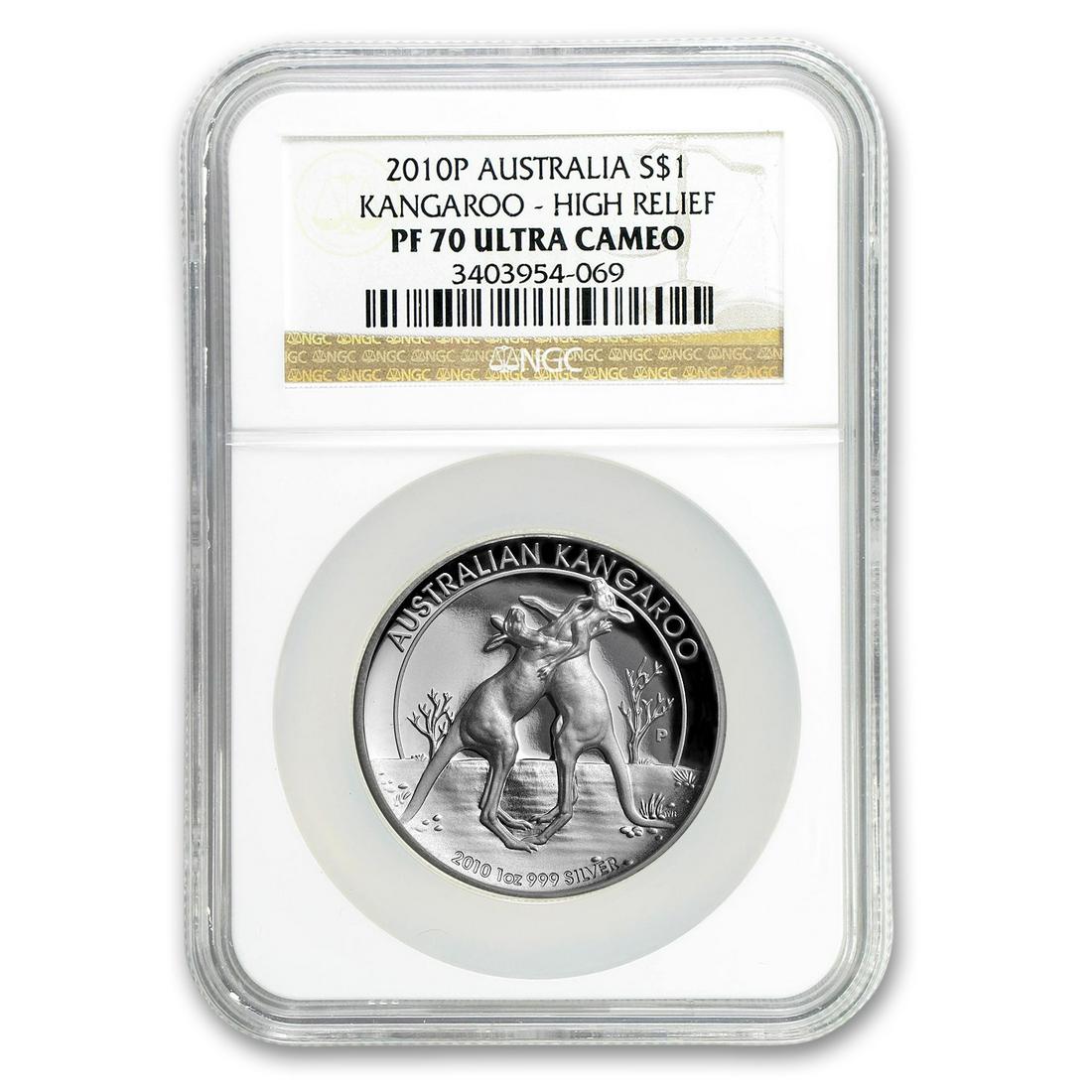 2010 Australia 1 oz Silver Kangaroo High Relief PF-70 NGC: 2010 Australia 1 oz Silver Kangaroo High Relief PF-70 NGC Product ID: RBJ150012 Year: 2010 Grade: Proof - 70 UCAM Grade Service: NGC Denomination: $1.00 Dollar Mint Mark: P - Perth Metal