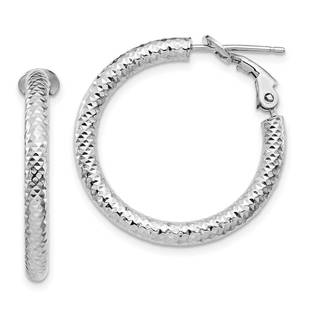 10K 3x20 White Gold D/C Round Omega Back Hoop Earrings - 26 mm: 10K 3x20 White Gold D/C Round Omega Back Hoop Earrings - 26 mm Product ID: RBJ222174 Metal: Gold Purity: 10K Finish: Polished Length Of Item: 26 mm Earring Closure: Omega Clip Back 