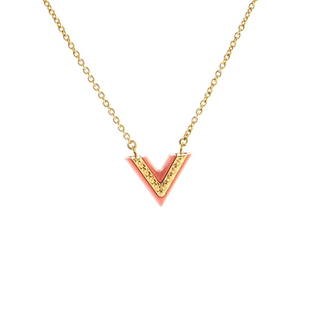 Louis Vuitton Essential V Sautoir Necklace Metal and Enamel: Louis Vuitton Essential V Sautoir Necklace Metal and Enamel Exterior Color: Gold, Pink Collateral: Signed Box, Signed Pouch Material: Enamel, Metal Item No: 86024/249 Brand