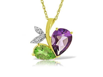 14K Solid Gold Modern Heart Necklace Combination Of Amethyst, Peridot & Diamond: 14K Solid Gold Modern Heart Necklace Combination Of Amethyst, Peridot & Diamond SKU: RBJ5519-Y Brand: Fine Jewelry Condition: Never Worn Metal: Yellow Gold Size and Fit: 0.40in