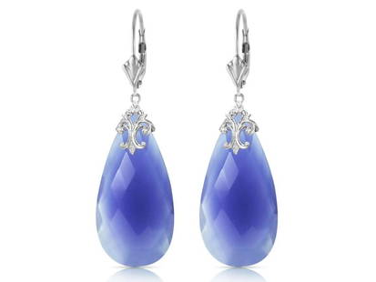 14K Solid White Gold Leverback Earrings With Briolette 31x16 Mm Deep Blue Chalcedony: 14K Solid White Gold Leverback Earrings With Briolette 31x16 Mm Deep Blue Chalcedony SKU: RBJ5725-W Brand: Fine Jewelry Condition: Never Worn Metal: White Gold More Details: 14K Solid