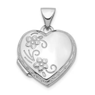 14k White Gold Polished Floral Heart Locket - 22 mm: 14k White Gold Polished Floral Heart Locket - 22 mm Product ID: RBJ202509 Metal: Gold Purity: 14K Metal Weight: 1.04 GM Finish: Polished Length Of Item: 22 mm Charm Element