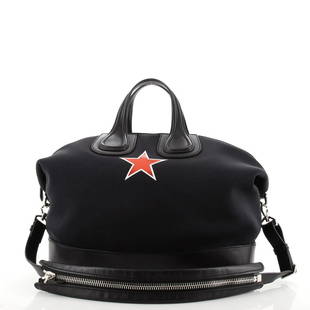 Givenchy Nightingale Satchel Printed Neoprene with Leather XL: Givenchy Nightingale Satchel Printed Neoprene with Leather XL Exterior Color: Black Interior Color: Black Exterior Material: Leather, Neoprene Interior Material: Fabric Hardware Color: