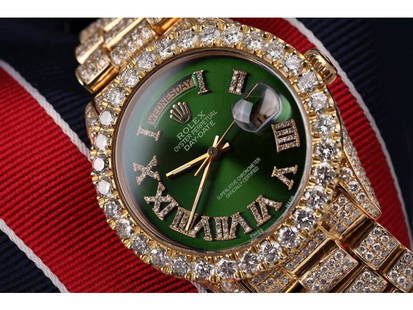 Rolex 36mm Presidential 18kt Gold Green Roman Diamond Numeral Dial Fully Iced Out Watch 18038: Rolex 36mm Presidential 18kt Gold Green Roman Diamond Numeral Dial Fully Iced Out Watch 18038 SKU: RBJDR516-E21A8 Brand: Rolex Condition: Pre-Owned Note: All Sales are final. Need more