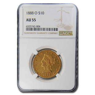 1888-O $10 Liberty Gold Eagle AU-55 NGC: 1888-O $10 Liberty Gold Eagle AU-55 NGC Product ID: RBG250224 Year: 1888 Grade Service: NGC Denomination: $10 Metal Content: 0.4837 troy oz Purity: .900 Diameter: 27 mm