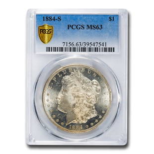 1884-S Morgan Dollar MS-63 PCGS: 1884-S Morgan Dollar MS-63 PCGS Product ID: RBG173374 Year: 1884 Grade Service: PCGS Denomination: $1.00 Metal Content: 0.7734 troy oz Purity: .900 Thickness: 3.1 mm Diameter: