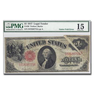 1917 $1.00 Legal Tender Fine-15 PMG (Fr#36) Gutter Fold: 1917 $1.00 Legal Tender Fine-15 PMG (Fr#36) Gutter Fold Product ID: RBG214546 Year: 1917 Grade: Fine - 15 Grade Service: PMG Denomination: $1.00 Dollar Mint Mark: N/A - Not