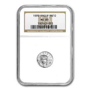 1999 1/10 oz American Platinum Eagle MS-69 NGC: 1999 1/10 oz American Platinum Eagle MS-69 NGC Product ID: RBG14958 Year: 1999 Grade Service: NGC Denomination: $10 Metal Content: 0.1 troy oz Purity: .9995 Thickness: 0.94 mm 