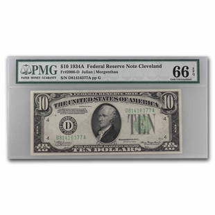 1934-A (D-Cleveland) $10 FRN Gem CU-66 EPQ PMG (Fr#2006-D): 1934-A (D-Cleveland) $10 FRN Gem CU-66 EPQ PMG (Fr#2006-D) Product ID: RBG250494 Year: 1934-A Grade: (PMG) Gem Unc - 66 Grade Service: PMG Denomination: 10 Dollars Mint Mark: D -