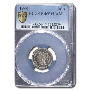 1888 Three Cent Nickel PR-66 Cameo+ PCGS: 1888 Three Cent Nickel PR-66 Cameo+ PCGS Product ID: RBG247098 Year: 1888 Grade Service: PCGS Denomination: $0.03 Metal Content: 0 troy oz Purity: None Diameter: 17.9 mm