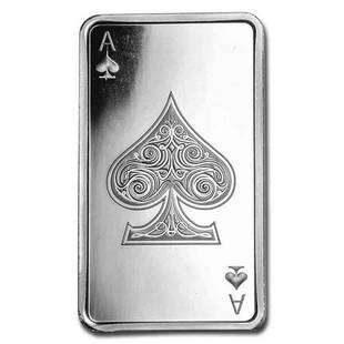 10 oz Silver Bar - Ace of Spades: 10 oz Silver Bar - Ace of Spades Product ID: RBG201328 Year: N/A Grade: None Grade Service: None Mint Mark: N/A - Not Available Metal Content: 10 troy oz Purity: .999 