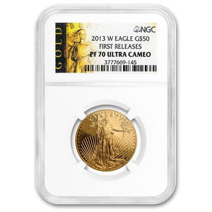 2013-W 1 oz Proof American Gold Eagle PF-70 NGC: 2013-W 1 oz Proof American Gold Eagle PF-70 NGC Product ID: RBG78602 Year: 2013 Grade Service: NGC Denomination: $50 Metal Content: 1 troy oz Purity: .9167 Thickness: 2.87 mm 