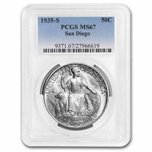 1935-S San Diego Half Dollar MS-67 PCGS: 1935-S San Diego Half Dollar MS-67 PCGS Product ID: RBG94581 Year: 1935 Grade Service: PCGS Denomination: 50 Cents Metal Content: 0.3617 troy oz Purity: .900 Thickness: 2.15 mm 