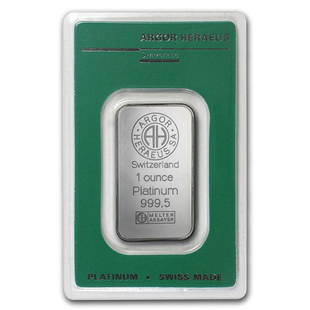 1 oz Platinum Bar - Argor-Heraeus (In Assay): 1 oz Platinum Bar - Argor-Heraeus (In Assay) Product ID: RBG96052 Year: N/A Grade: None Grade Service: Assay Card Denomination: 1 Ounce Mint Mark: None Metal Content: 1 troy oz 