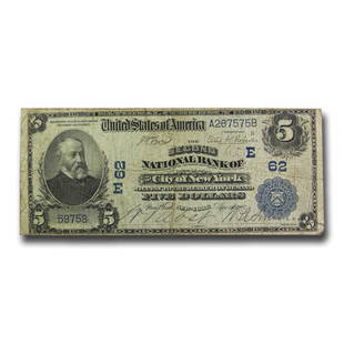 1902 Date Back $5.00 New York, New York Fine (Fr#590) CH #62: 1902 Date Back $5.00 New York, New York Fine (Fr#590) CH #62 Product ID: RBG223955 Year: 1902 Grade: Fine Grade Service: None Denomination: $5.00 Mint Mark: N/A - Not Available 