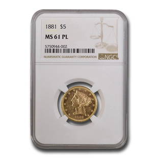 1881 $5 Liberty Gold Half Eagle MS-61 NGC (PL): 1881 $5 Liberty Gold Half Eagle MS-61 NGC (PL) Product ID: RBG240883 Year: 1881 Grade Service: NGC Denomination: $5.00 Metal Content: 0.2419 troy oz Purity: .900 Diameter: 21.6 mm