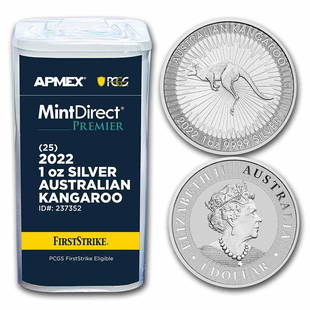 2022 Australia 1 oz Silver Kangaroo (MD Premier +PCGS FS Tube): 2022 Australia 1 oz Silver Kangaroo (MD Premier +PCGS FS Tube) Product ID: RBG237352 Year: 2022 Grade: Brilliant Unc Grade Service: MintDirect Denomination: 1 Australian Dollar Mint