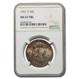 1951-S Franklin Half Dollar MS-67 NGC (FBL): 1951-S Franklin Half Dollar MS-67 NGC (FBL) Product ID: RBG211606 Year: 1951 Grade Service: NGC Denomination: $0.50 Metal Content: 0.3617 troy oz Purity: .900 Diameter: 30.6 mm