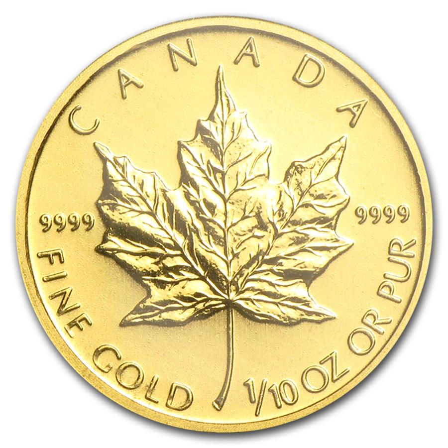 2010 Canada 1/10 oz Gold Maple Leaf BU: 2010 Canada 1/10 oz Gold Maple Leaf BU Product ID: RBG57231 Year: 2010 Grade: Brilliant Unc Grade Service: None Denomination: $5.00 Mint Mark: RCM (Not Shown) Metal Content: 0.1 troy oz <