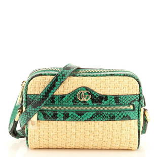 Gucci Ophidia Shoulder Bag Raffia with Snakeskin Mini: Gucci Ophidia Shoulder Bag Raffia with Snakeskin Mini Exterior Color: Green, Neutral Interior Color: Neutral, Print Exterior Material: Raffia, Snakeskin, Exotic Interior Material: Fabric 