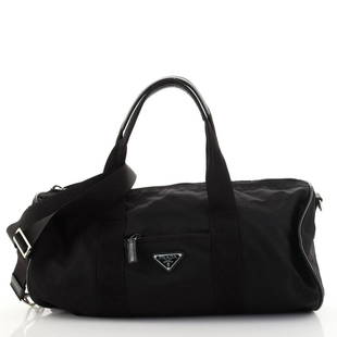 Prada Convertible Duffle Bag Tessuto: Prada Convertible Duffle Bag Tessuto RBJ no: HB.PR.CODU.TES Item No: 118037/262 Brand Code: 173 SIZE AND FIT: 17"W x 9"H x 9"D, 10" handle drop, 15-25" strap drop Exterior Color: Black