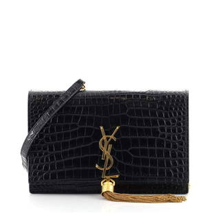 Saint Laurent Classic Monogram Tassel Chain Wallet Crocodile Embossed Leather: Saint Laurent Classic Monogram Tassel Chain Wallet Crocodile Embossed Leather RBJ no: HB.SL.TSCN.CREL Item No: 132912/1 Brand Code: HPP452159.0118 SIZE AND FIT: 7.5"W x 5"H x 2"D, 24"